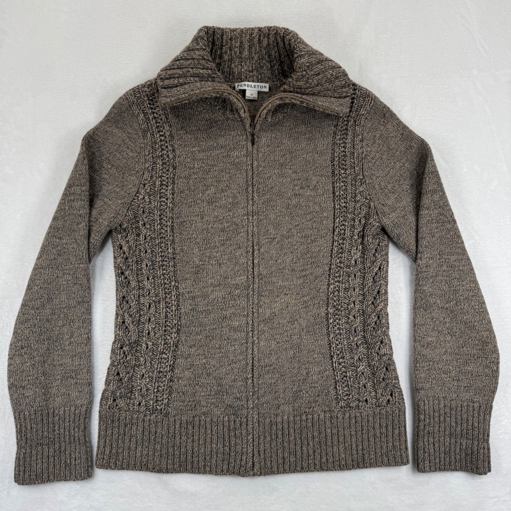 Pendleton Womens Brown 100% Merino Wool Full Zip Cable Knit Cardigan Sweater M
